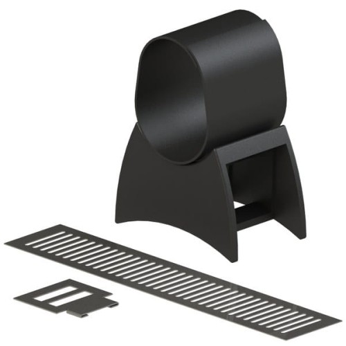 Uchwyt dystansowy 45 mm w kolorze czarnym, z okrągłym elementem na podstawie oraz klamerką. Widoczna perforowana blaszka z otworami. Produkt leży na białym tle, prezentując detale konstrukcji.