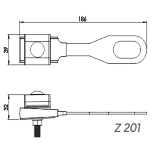 Uchwyt końcowy ASXSN 2x16-35, w kształcie prostokątnym z otworem, wymiar 186 mm x 39 mm. Rysunek techniczny.