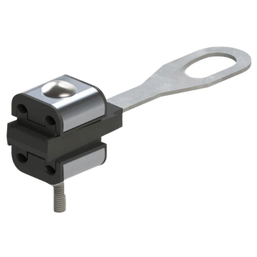 Uchwyt końcowy ASXSN 4x16-35 w kolorze czarnym z metalowym elementem, posiada otwór montażowy. Widoczny gwint oraz przycisk w górnej części. Produkt ukazany w zbliżeniu, z boku, w pozycji stojącej.