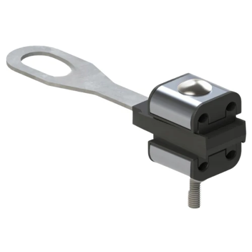 Uchwyt końcowy ASXSN 4x16-35 z metalowym pierścieniem i czarną, plastikową obudową. Widoczny element mocujący z połączeniem śrubowym. Kąt ujęcia z boku, pokazujący szczegóły konstrukcji i materiału.