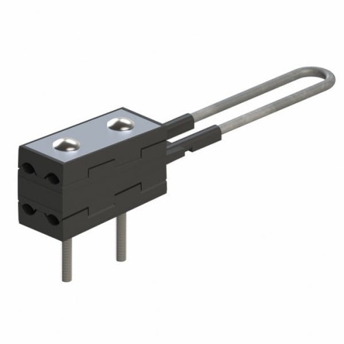 Uchwyt końcowy ASXSN 4x70-120 w kolorze czarnym, wykonany z tworzywa sztucznego z metalowymi końcówkami. Produkt ma dwa otwory montażowe i wygięty metalowy element, ułatwiający instalację. Widok z boku.