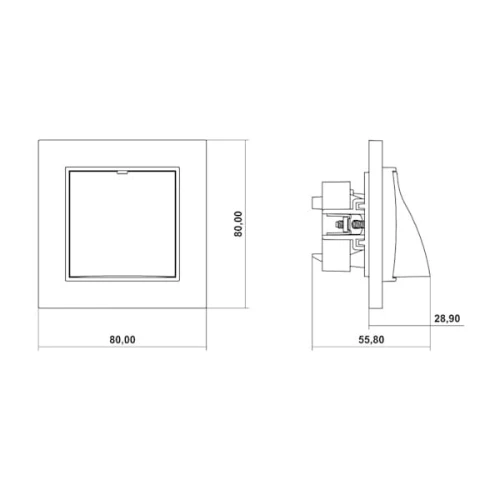 Wypust kablowy Karlik MINI w kolorze czarnym matowym o wymiarach 80x80 mm z profilem montażowym. Rysunek techniczny.