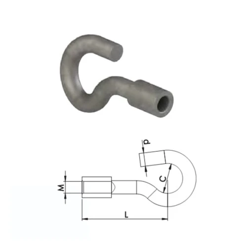 Hak nakrętkowy M16 o metalicznej, matowej powierzchni, w kształcie litery S. Rysunek techniczny.
