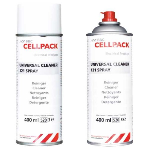 Spray czyszczący Universal Cleaner 121, pojemność 400 ml, w metalowej butelce z szarym i białym etykietowaniem. Widoczne napisy w różnych językach oraz logo marki BBC CELLPACK. Produkt stojący, z dozownikiem na górze.