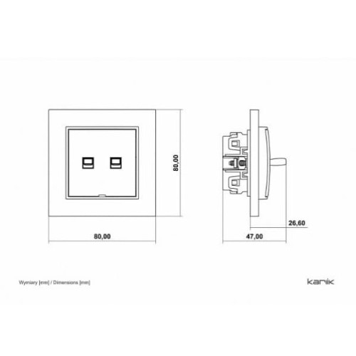 Łącznik świecznikowy Karlik MINI w stylu amerykańskim w kolorze czarnym matowym. Wymiary: 80x80 mm z widocznymi dwoma otworami. Ujęcie frontalne oraz boczne, pokazujące szczegóły mocowania i przełącznika.