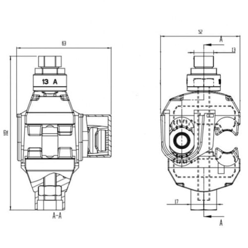 Zacisk jednostronnie przebijający izolację, wymiary 102 mm x 52 mm, przeznaczony do linii głównej 7-95 mm² i odgałęźnej 25-95 mm². Rysunek techniczny.