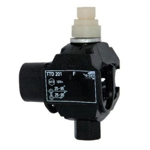 Zacisk dwustronnie przebijający izolację, czarny korpus z logo TTD 201, oznaczenia 25-95 mm², z białą końcówką. Ujęcie z przodu, produkt zamontowany w pozycji pionowej. Widoczny detal złącza oraz oznaczenia momentu dokręcania 18 Nm.