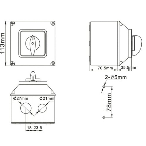 Łącznik krzywkowy 63A 0-1 3P w obudowie IP65. Rysunek techniczny.