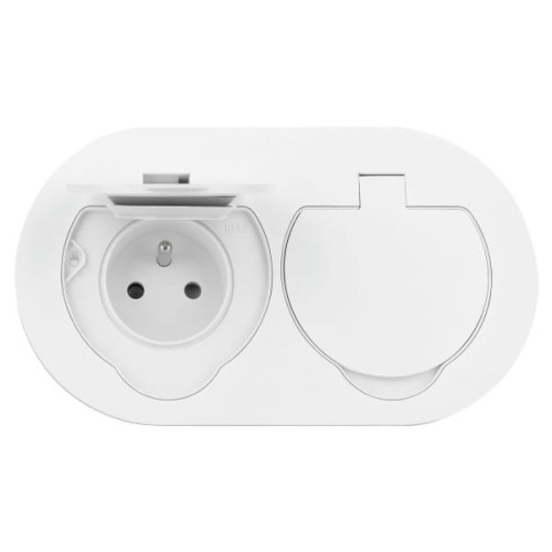 Gniazdo hermetyczne podwójne IP55 w kolorze białym, owalne, z dwoma gniazdami 2x2P+Z. Ujęcie z góry, widoczne otwarte gniazdo oraz zamknięta klapka jednego z gniazd. Idealne do użytku w warunkach zewnętrznych.