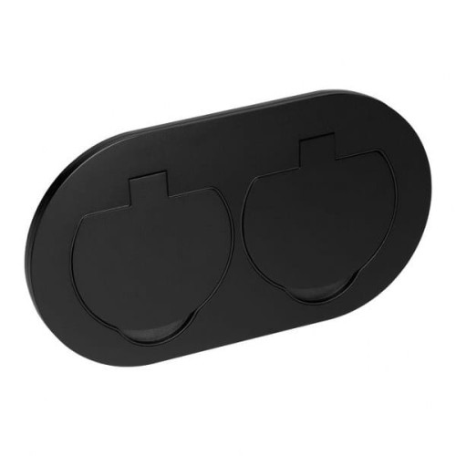 Podwójne gniazdo hermetyczne IP55 w owalnej obudowie, czarne. Posiada dwa gniazda 2P+Z. Ujęcie frontalne, produkt leży na płaskiej powierzchni. Idealne do użytku w warunkach zewnętrznych lub wilgotnych.