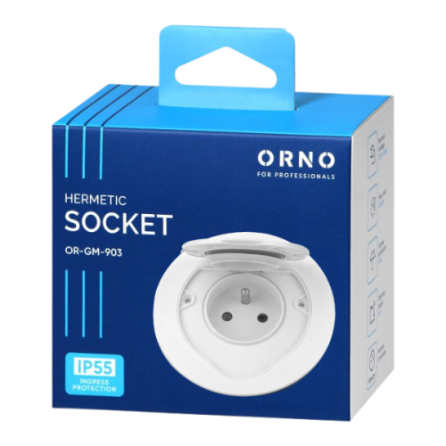 Gniazdo hermetyczne IP55 w kształcie okrągłym, w kolorze białym, z widoczną pokrywą ochronną. Umieszczone na niebieskim opakowaniu z logo ORNO. Produkt przeznaczony do użytku w trudnych warunkach.