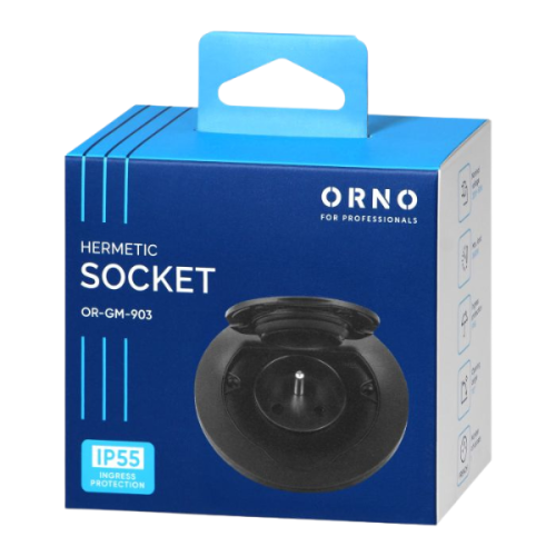 Gniazdo hermetyczne pojedyncze IP55 w kolorze czarnym, okrągłe, umieszczone w niebieskim opakowaniu z informacjami o produkcie. Widoczny napis HERMETIC SOCKET oraz logo ORNO. Opakowanie z uchwytem do zawieszenia.