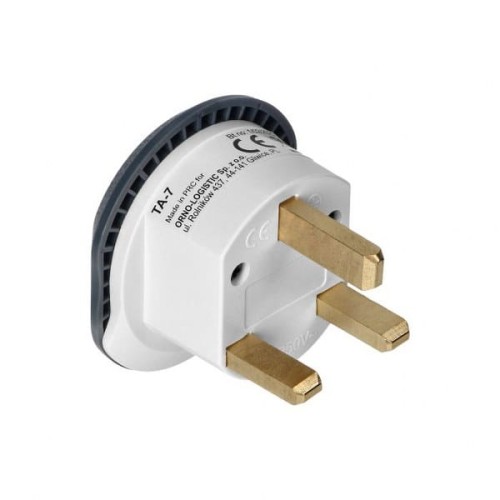 Adapter podróżny UK 250V 13A w kolorze szarym z wtyczką brytyjską (typ G). Widok z boku, ukazujący trzy metalowe piny oraz oznaczenia na obudowie. Przeznaczony do użytku z urządzeniami wymagającymi brytyjskiego standardu zasilania.