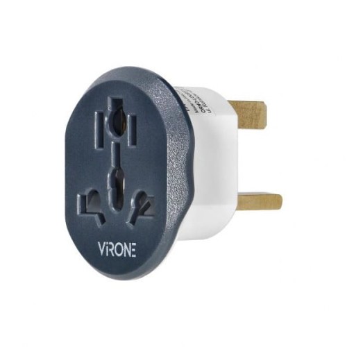 Adapter podróżny UK 250V 13A w kolorze szarym, typ G. Wtyczka z trzema prostokątnymi pinami, umieszczona w okrągłej obudowie z logo VIRONE. Ujęcie z boku, pokazujące detale konstrukcji.