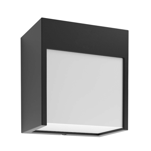 Kinkiet elewacyjny BALIMO Led 12W IP54 w kolorze czarnym, o prostokątnym kształcie, z białym, matowym kloszem. Ujęcie frontalne, produkt zamontowany na ścianie, bez widocznych dekoracji czy napisów. Idealny do oświetlenia zewnętrznego.