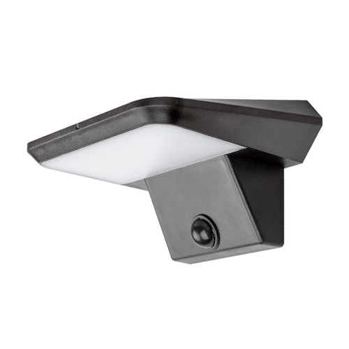 Kinkiet solarny QESA LED 10W w kolorze czarnym z czujnikiem ruchu. Posiada prostokątną, białą klosz z matowego materiału, montowany pod kątem. Idealny do oświetlenia zewnętrznego, zasilany energią słoneczną.