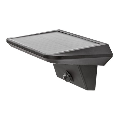 Kinkiet solarny QESA LED 10W w kolorze czarnym z czujnikiem ruchu. Prosta, prostokątna konstrukcja z panelami słonecznymi na górze. Montowany na ścianie, idealny do oświetlenia zewnętrznego.