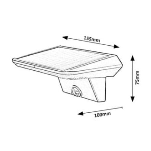 Kinkiet solarny QESA LED 10W z czujnikiem ruchu, w kolorze białym, o wymiarach 155 mm x 100 mm x 75 mm. Posiada płaską, prostokątną powierzchnię panelu słonecznego oraz zamontowany czujnik na obudowie.