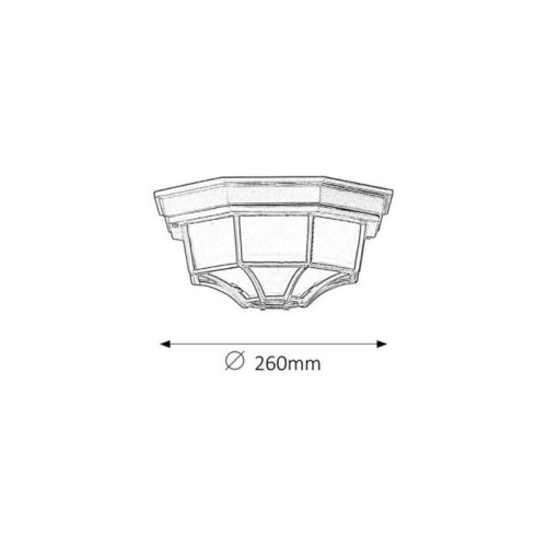 Lampa sufitowa zewnętrzna MILANO w kolorze czarnym, o średnicy 260 mm, o ośmiokątnej formie z przezroczystym kloszem. Ujęcie frontalne, ukazujące szczegóły konstrukcji oraz wymiary.