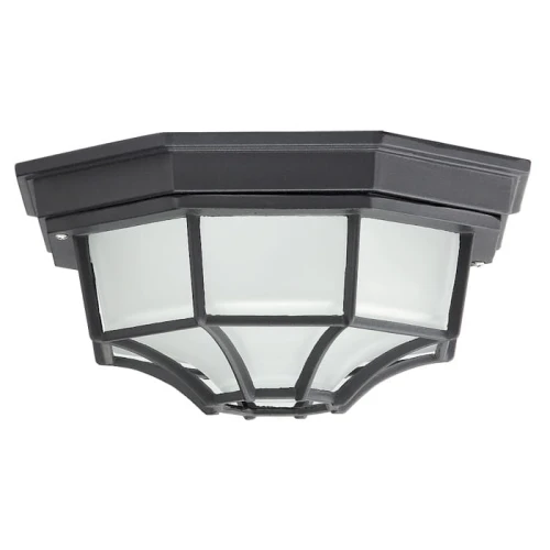 Lampa sufitowa zewnętrzna MILANO w kolorze czarnym, o ośmiokątnej formie, z białym, matowym szkłem i metalową ramą. Zainstalowana w pozycji zamontowanej, widoczna górna część z detalami konstrukcyjnymi. Idealna do oświetlenia przestrzeni na zewnątrz.
