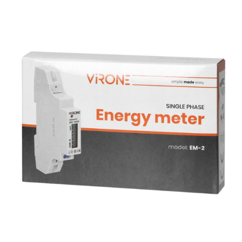 Wskaźnik zużycia energii elektrycznej 1-fazowy 40A DIN w białym opakowaniu z logo VRONE. Widoczny napis Energy meter oraz model EM-2. Opakowanie o prostokątnym kształcie, z oznaczeniami technicznymi.