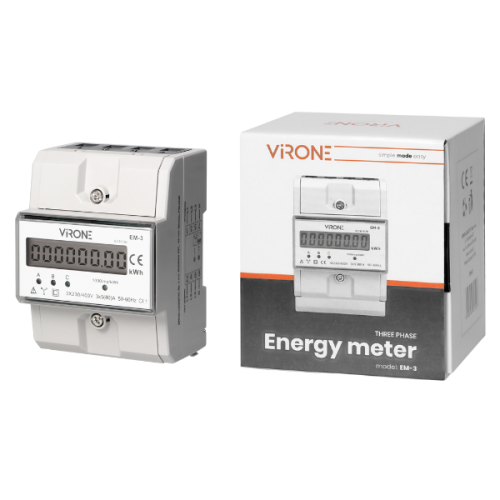 3-fazowy wskaźnik zużycia energii elektrycznej 80A w obudowie z tworzywa, z cyfrowym wyświetlaczem, umieszczony obok kartonowego opakowania z logo ViRone. Wyraźne oznaczenia na urządzeniu oraz informacje o modelu EM-3.