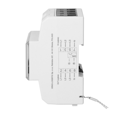 3-fazowy wskaźnik zużycia energii elektrycznej 80A w kolorze białym, z złączami L1, L2, L3 i N. Na obudowie umieszczono oznaczenia dotyczące napięcia i mocy. Ma prostokątny kształt, zamontowany w pozycji pionowej, z metalowym uchwytem.