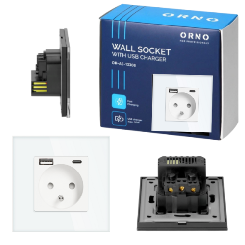 Gniazdo kompletne pojedyncze 2P+Z, USB-A + USB-C, max. 20W białe