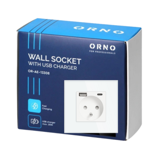 Gniazdo pojedyncze 2P+Z w kolorze białym z zasilaczem USB-A i USB-C, maksymalna moc 20W. Widoczny jest gniazdko oraz oznaczenia ładowania na opakowaniu w kolorze niebieskim.
