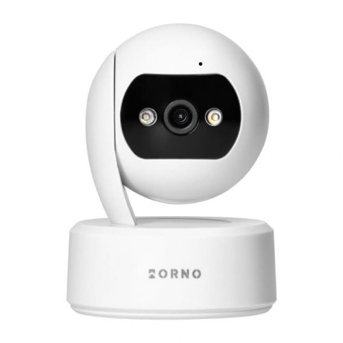 Kamera wewnętrzna obrotowa 4MP Wi-Fi w kolorze białym, z okrągłą głowicą i czarnym panelem z obiektywem oraz dwoma diodami LED. Ustawiona na okrągłej podstawie, prezentuje nowoczesny design, idealna do monitorowania wnętrz.