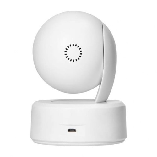 Kamera wewnętrzna obrotowa 4MP Wi-Fi w białej obudowie. Okrągła głowica z otworami wentylacyjnymi, umieszczona na prostokątnej podstawie z portem USB. Ujęcie z boku, ukazujące charakterystyczny design i możliwość obrotu.