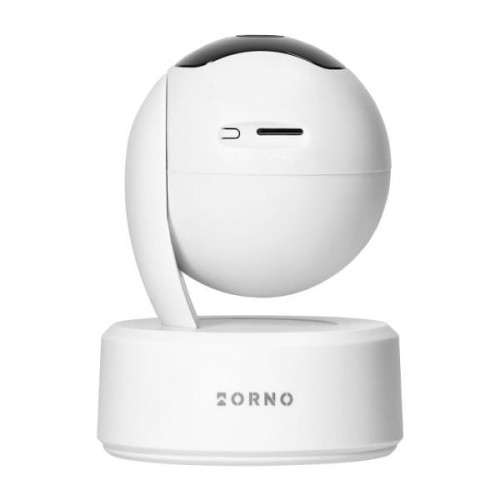 Kamera wewnętrzna obrotowa 4MP Wi-Fi w kolorze białym, o kulistym kształcie, umieszczona na okrągłej podstawie. Z boku widoczne gniazdo kart pamięci. Logo ORNO na podstawie, kąt ujęcia frontalny.