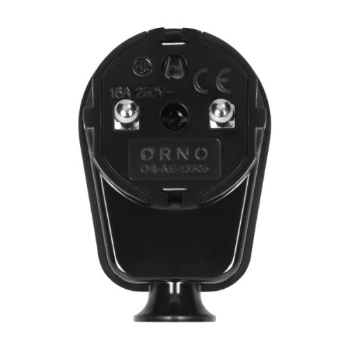 Wtyczka kątowa Uni-Schuko 16A, 230V w kolorze czarnym, widok z góry. Na obudowie widoczne oznaczenia: 16A 250V, logo ORNO oraz symbole certyfikacji. Dwa otwory do podłączenia przewodów, mocna i kompaktowa konstrukcja.