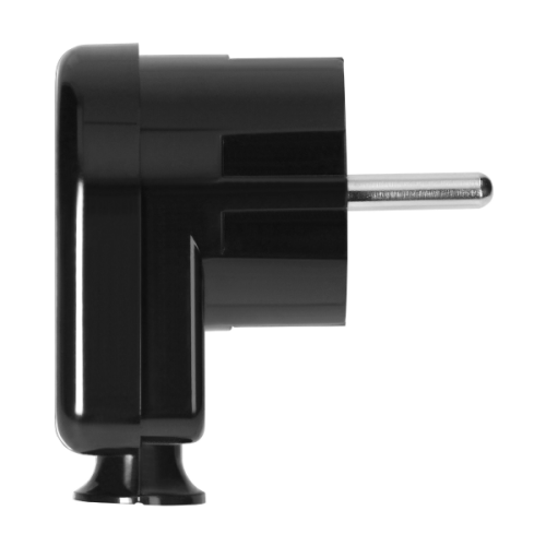 Wtyczka kątowa Uni-Schuko 16A, 230V w kolorze czarnym, z metalowym bolcem, przedstawiona z boku. Ma prostą, ergonomiczną formę, idealna do użytku w ciasnych przestrzeniach.