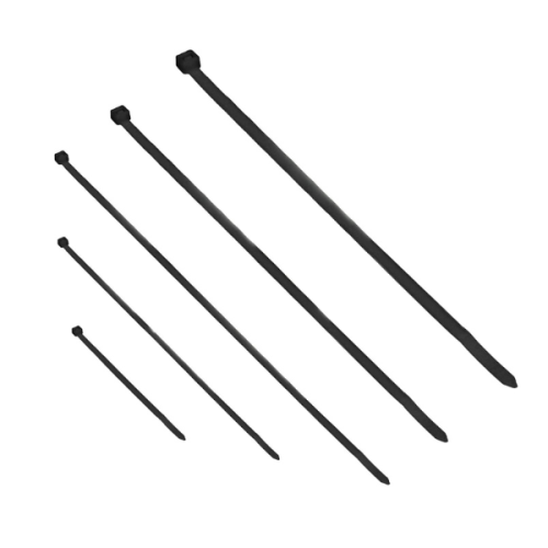 Zestaw czarnych opasek zaciskowych w różnych długościach: 100 mm, 200 mm, 300 mm (2 warianty). Wszystkie mają szerokość 2,5 mm, 3,6 mm, 4,8 mm oraz 7,5 mm. W komplecie 100 sztuk, prezentowane w układzie równoległym.