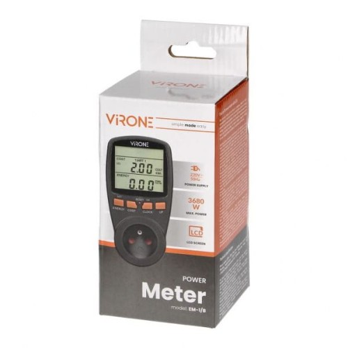 Watomierz dwutaryfowy ORNO EM-1/B w opakowaniu. Na przedniej stronie widoczny wyświetlacz LCD z wartościami energii, przyciski funkcyjne, maksymalna moc 3680 W, kolorystyka czarno-pomarańczowa. Produkt w pozycji stojącej, z widoczną etykietą.