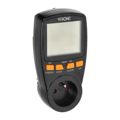 Watomierz dwutaryfowy ORNO EM-1/B w kolorze czarnym z wyświetlaczem LCD. Posiada przyciski funkcyjne w kolorze pomarańczowym: SET, RESET, OK, ENERGY, COST, CLOCK, UP. Umożliwia pomiar energii i kosztów. Złącze wtykowe widoczne na dole.