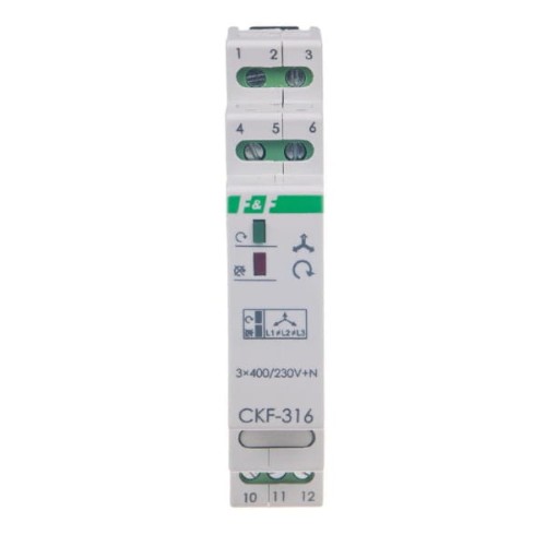 Czujnik kolejności i zaniku fazy CKF-316 w białej obudowie z zielonymi oznaczeniami. Widok frontalny, z widocznymi numerami zacisków oraz symbolami funkcji. Wymiary odpowiednie do montażu na szynie DIN.