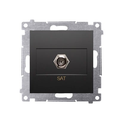 Gniazdo antenowe SAT typu „F” pojedyncze, czarne matowe, z metalową ramką montażową. Widoczny port antenowy w kształcie sześciokąta, z napisem SAT poniżej. Produkt umieszczony na prostym tle.
