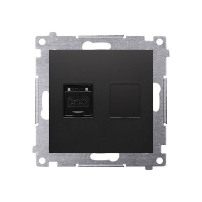 Gniazdo komputerowe RJ45 kat.6 w kolorze czarnym matowym, z wyraźnym oznaczeniem Cat.6. Widok frontalny, z metalową ramką montażową. Produkt przeznaczony do instalacji w ścianie.
