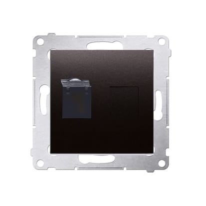 Gniazdo komputerowe Simon 54 w kolorze antracytowym, pojedyncze, typu RJ45 kat.6. Widok frontalny z metalową ramką montażową, z wyraźnym portem RJ45 w lewym górnym rogu.