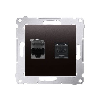 Gniazdo komputerowe podwójne RJ45 kat. 6 w kolorze antracytowym, umieszczone na metalowej ramce. Zawiera dwa porty RJ45, jeden z przezroczystym złączem i etykietą Cat.6. Produkt montowany w standardowej ramie.