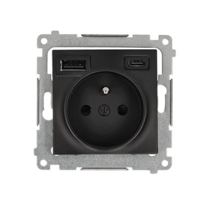 Gniazdo pojedyncze z uziemieniem Simon 54 w antracytowym metalizowanym wykończeniu, zintegrowane z ładowarką USB-A i USB-C. Widok frontalny, z okrągłym otworem gniazdowym oraz dwoma portami USB.