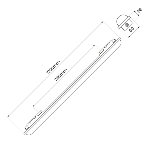 Oprawa hermetyczna LED 36W, długość 120 cm, kolor światła 4000K, stopień ochrony IP65. Rysunek techniczny.