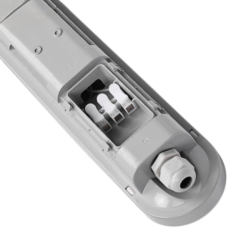 Oprawa hermetyczna LED 36W, 120 cm, kolor szary. Widoczna część zawiera złącza oraz elementy montażowe. Produkt pokazany z bliska, ukazujący detale konstrukcji i połączeń. Przeznaczona do użytku w warunkach wilgotnych (IP65).