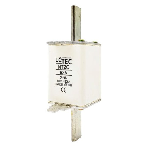 Wkładka topikowa NT2CgL/gG 63A-500V marki LCTEC, w białej obudowie, z metalowym uchwytem. Widoczne oznaczenia: 63A, 500V, 120kA. Produkt pokazany z boku, z góry widoczne dwa zielone wskaźniki.