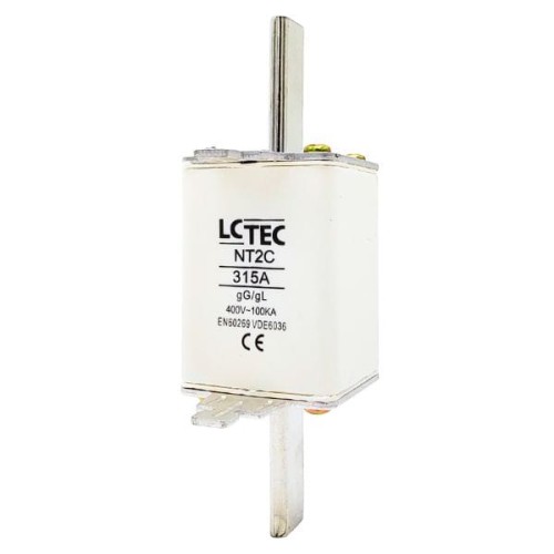 Wkładka topikowa NT2CgL/gG 315A 400V marki LCTEC, biały korpus z oznaczeniami, metalowa nóżka do montażu. Widok frontalny, produkt w pozycji stojącej. Wymiary i szczegóły na etykiecie widoczne.