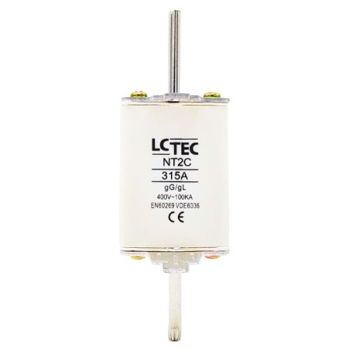Wkładka topikowa NT2CgL/gG 315A 400V LCTEC w białej obudowie, z metalową końcówką. Widoczne oznaczenia: NT2C, 315A, 400V, logo LCTEC oraz symbole certyfikacji. Produkt w pozycji pionowej, z wyraźnym tekstem na obudowie.