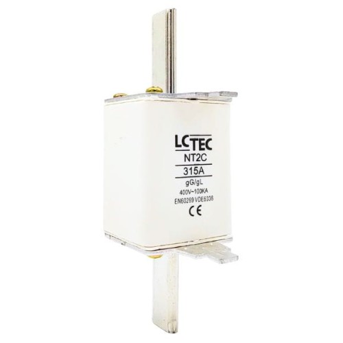 Wkładka topikowa NT2CgL/gG 315A 400V marki LCTEC, biała obudowa z metalowymi stykami, oznaczenia na froncie: NT2C 315A gG/gL 400V. Produkt stojący w pozycji pionowej, widok z boku, z wyraźnymi detalami konstrukcyjnymi.