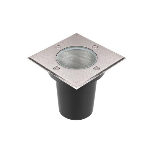 Kwadratowa oprawa najazdowa LED GU10 o średnicy 110 mm, wykonana z metalu ze szklanym kloszem. Zainstalowana w czarnej obudowie, zapewnia odporność na wodę (IP67). Ukazana w ujęciu frontalnym, z widocznymi śrubami mocującymi.